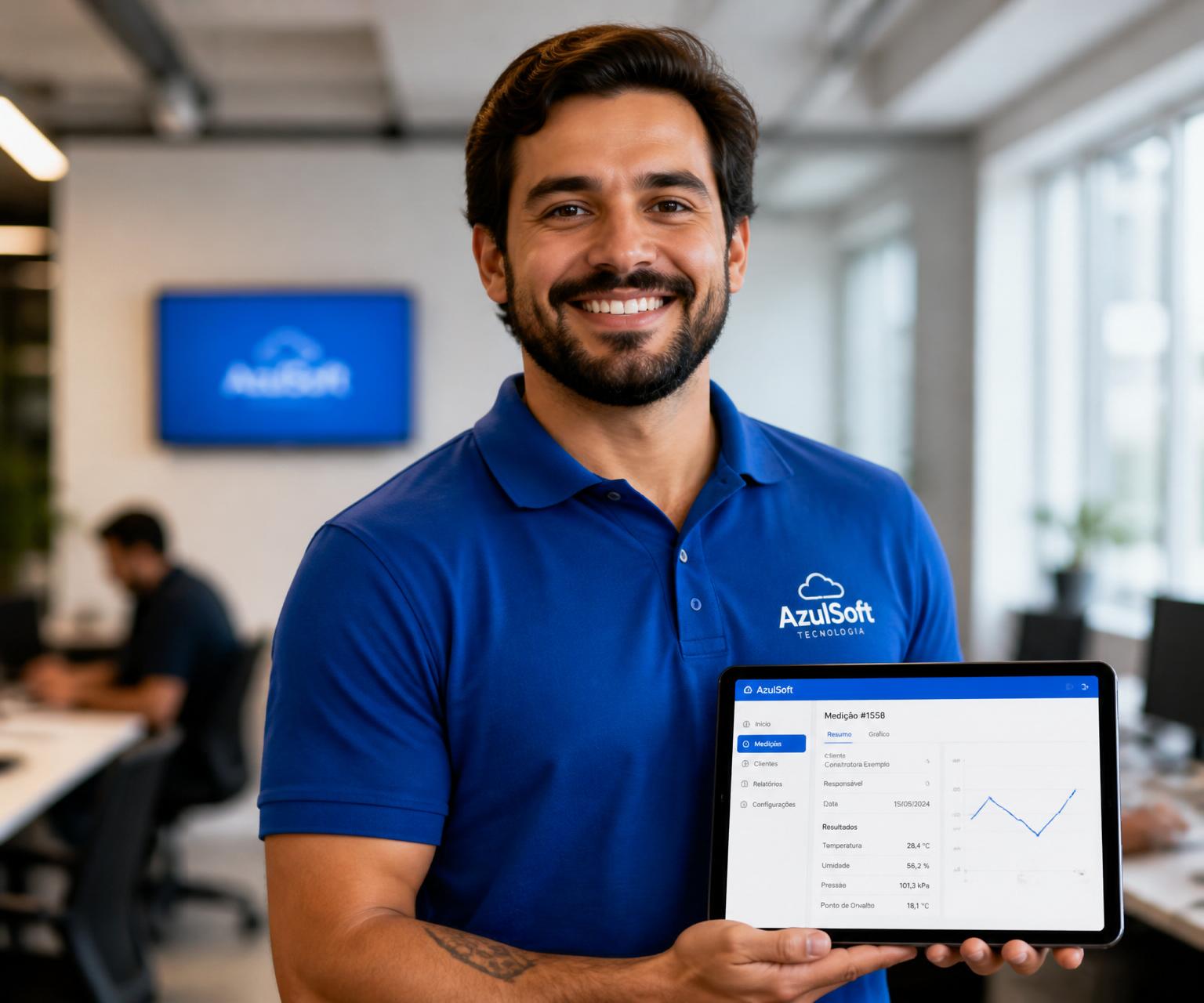 Especialista TrenaOS sorrindo, vestindo camisa azul e segurando tablet com a plataforma