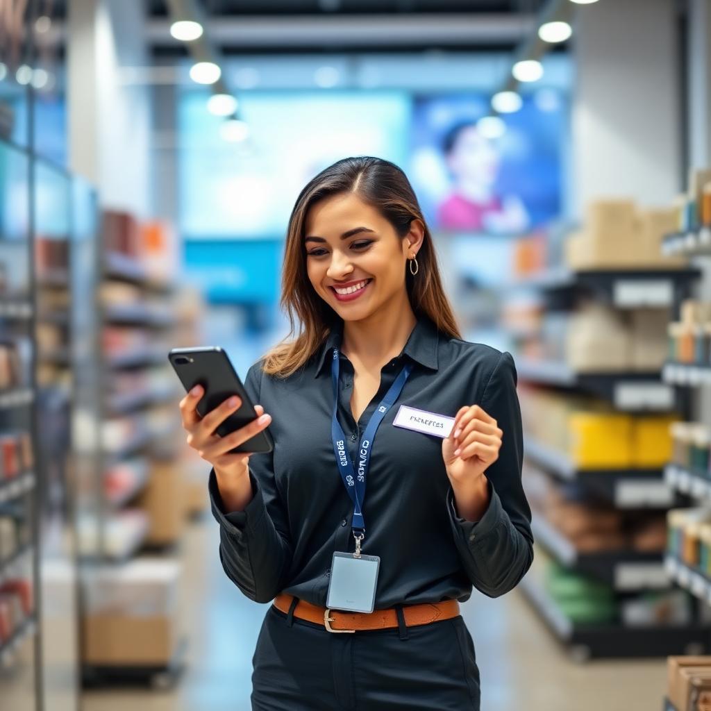 Cliente sorrindo em loja de shopping utilizando o aplicativo TrenaOS no celular